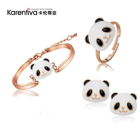 熊猫滴釉手镯戒指耳钉套装·耳环