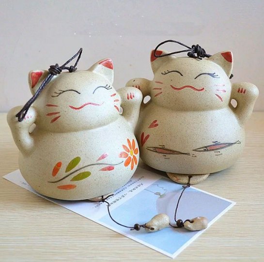 手绘招财猫陶泥风铃
