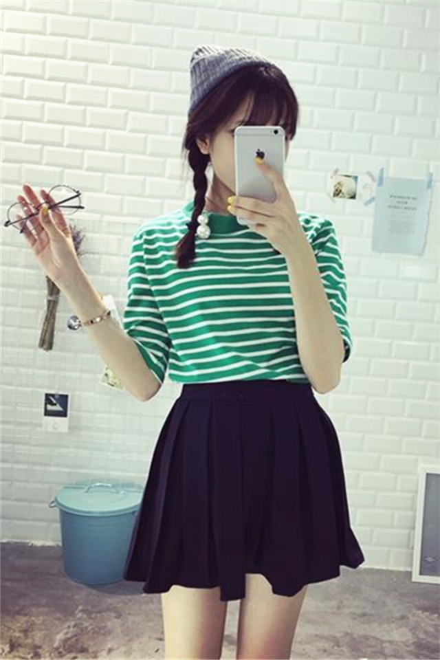 韩国绿色小高领条纹T恤