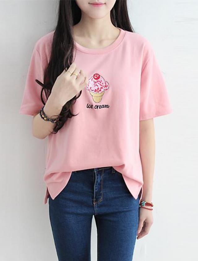 学生粉色刺绣短袖T恤